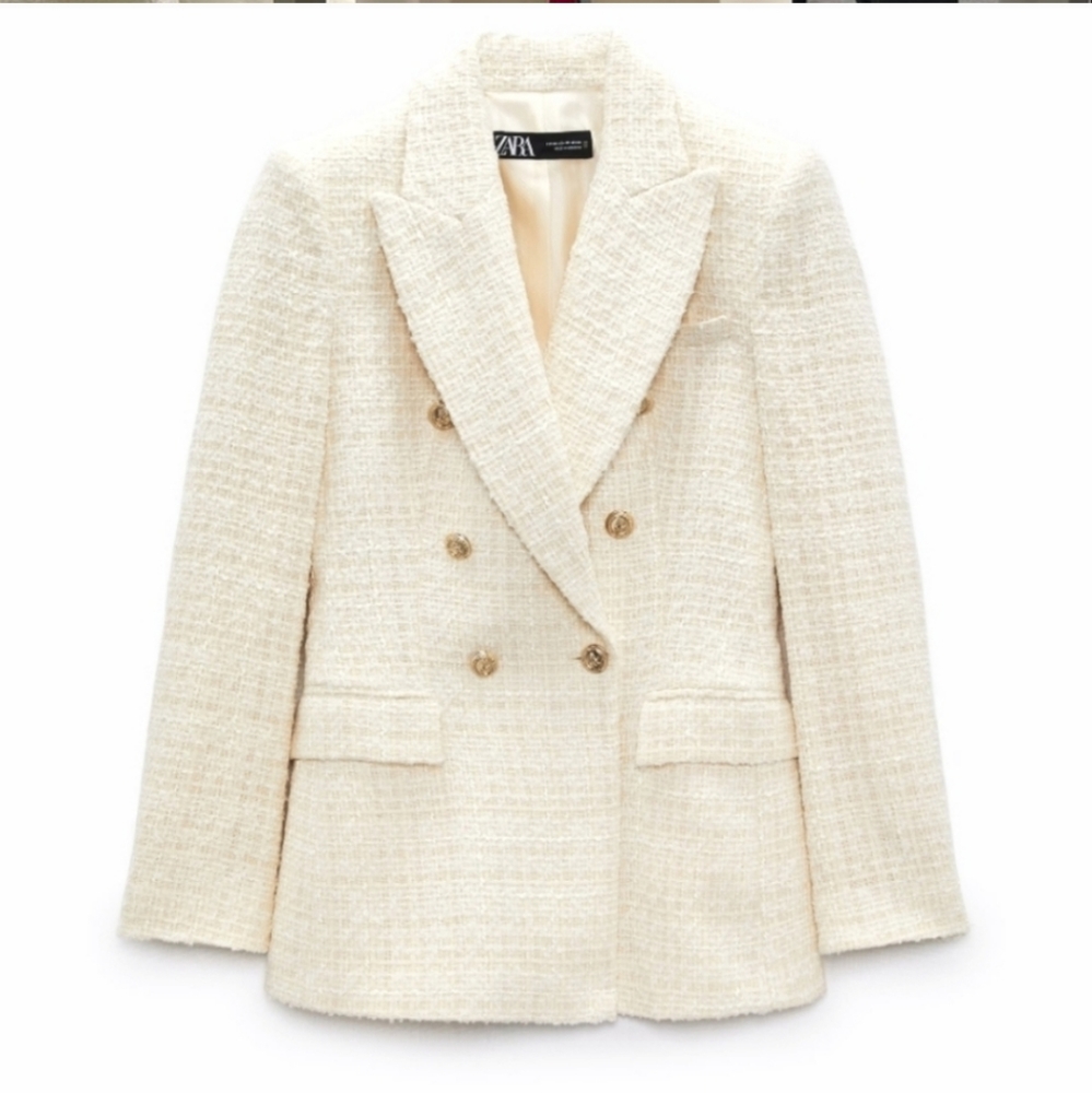 ZARA Tweed Textured Double Breasted Blazer gold buttons size S - Picture 14 of 16